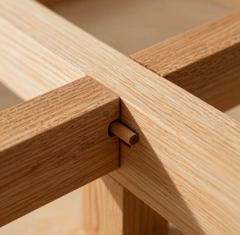 Macro detail shot of a hand-cut mortise and tenon joint in Virginia white oak, showing the wooden peg driven through the interlocking timber beams.