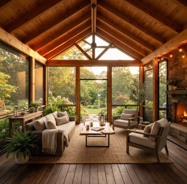 Straight-on architectural photograph of a finished screen porch during golden hour, warm sunlight filtering through screens, rich natural wood rafters, editorial style.
