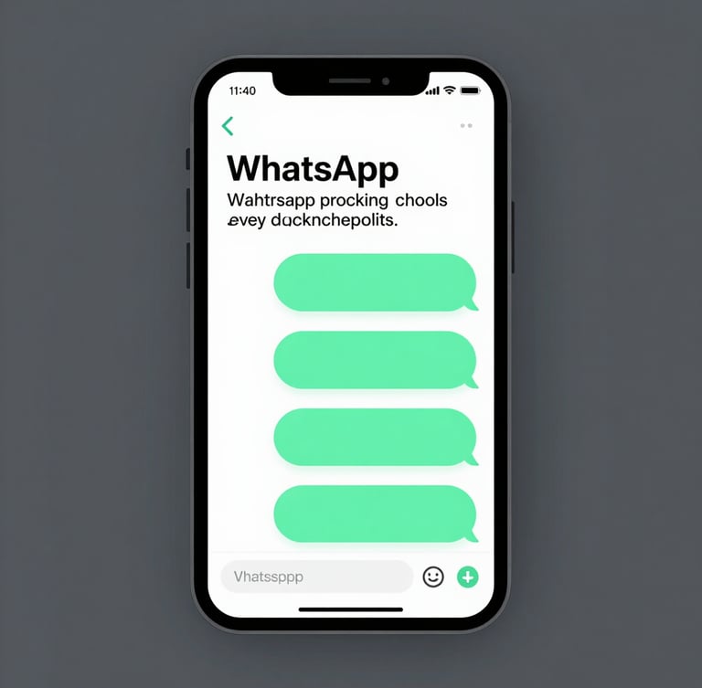 Front-facing high-fidelity smartphone mockup displaying a WhatsApp chat screen with a clean marketing message, vibrant mint green bubbles, sharp focus