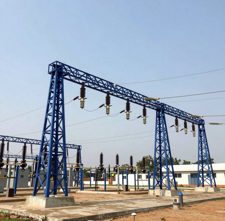Wide-angle architectural shot of a newly commissioned high-voltage electrical substation in Nigeria, crisp daylight, royal blue structural steel, sharp focus, 35mm
