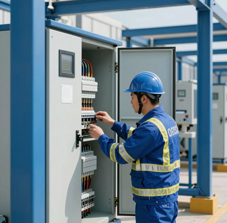 Technician in high-visibility HSEQ gear inspecting an electrical control panel, bright daylight, professional industrial photography, 35mm