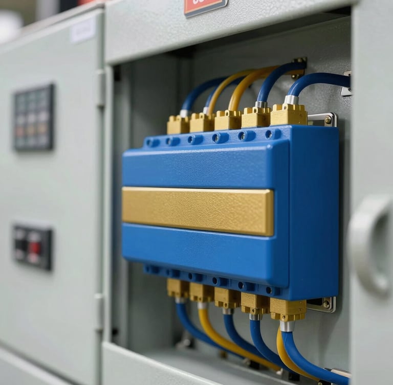 Close-up of industrial electrical control panels with gold and blue wiring, sharp focus, professional industrial photography, 35mm