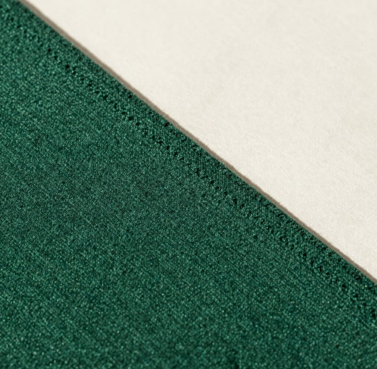 Macro detail shot of a heavy double-faced wool seam in matte forest green, high-contrast natural light, sharp directional shadows.