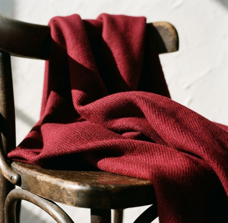 Close-up of structured heavy-weight crimson wool fabric draped elegantly over a studio chair, sharp directional shadows, crisp parchment background, 35mm lens