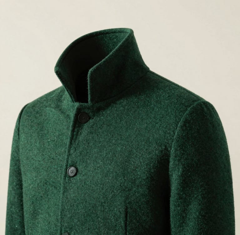 A close-up editorial shot of a heavy matte forest green wool collar and shoulder seam, high-contrast directional light, crisp parchment background, 35mm lens