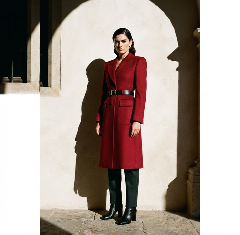 Editorial medium-long shot of a model in a structured crimson coat standing against a crisp parchment wall, sharp architectural shadows, 35mm lens.