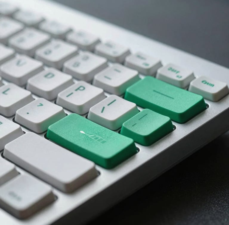 Sleek corporate digital aesthetic, macro shot of a high-end keyboard under cool studio lighting with emerald green accents, sharp focus, 35mm