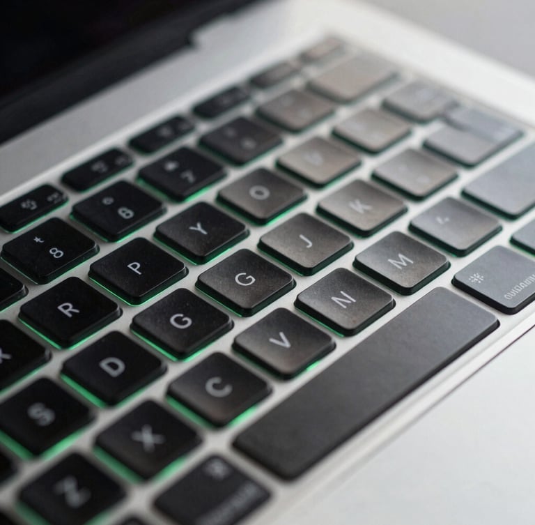 Macro shot of a sleek modern laptop keyboard with cool studio lighting and subtle emerald green ambient glow, sharp focus, 35mm