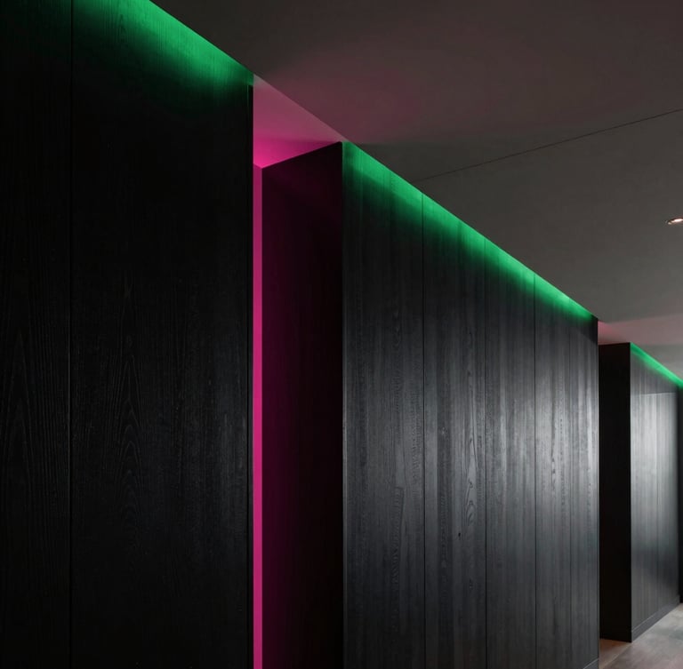 Architectural detail of a luxury residence hallway, black wood paneling, recessed linear lighting with a sharp magenta accent, minimalist ceiling integration