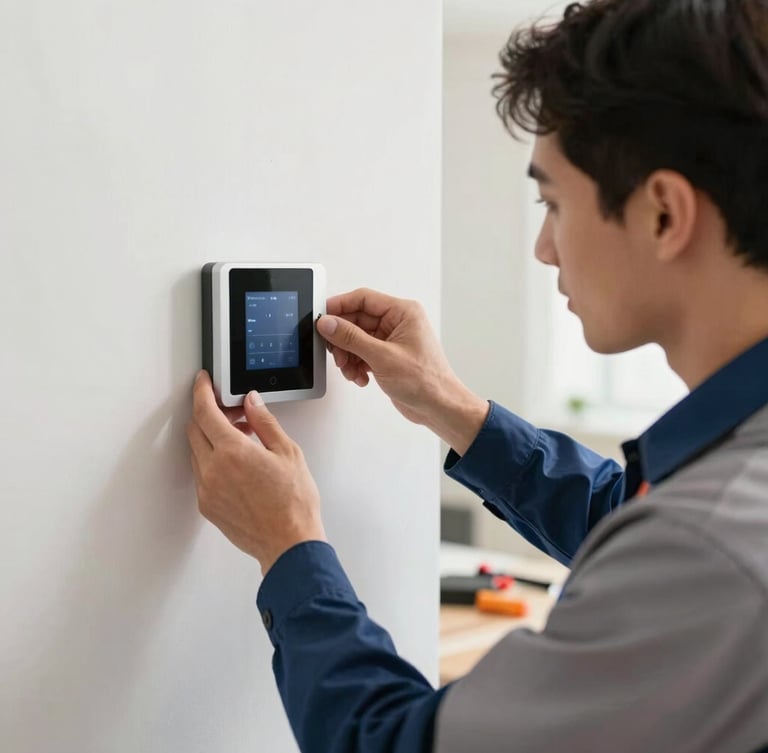 Medium close-up of a professional technician in a clean uniform carefully mounting a sleek smart home control panel on a wall, hands focused, organized tools nearby, natural indoor light, 35mm lens