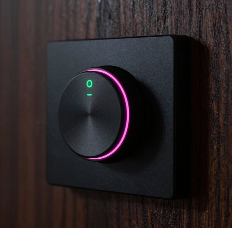 Close-up detail of a premium matte-black smart home wall controller, glowing magenta neon accent lines around the physical volume knob, integrated into a dark wood panel, moody low-key lighting, sharp details, 35mm lens
