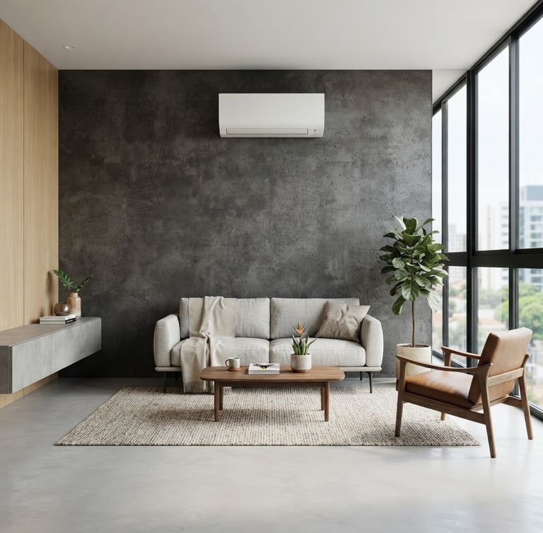 Crisp architectural photography of a modern minimalist living room in Maringá, a sleek white split air conditioning unit integrated seamlessly high on a dark concrete wall, bright natural indoor daylight, professional and precise.