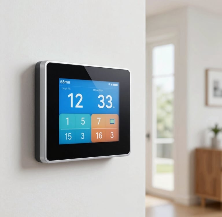 Close-up of a modern smart thermostat screen displaying temperature settings inside a bright Dutch hallway, natural daylight, sharp focus, 35mm lens
