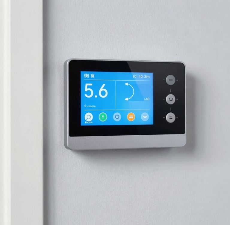 Close-up of a modern smart thermostat mounted on a clean light gray wall, soft daylight illuminating the digital screen showing energy metrics, professional architectural detail.
