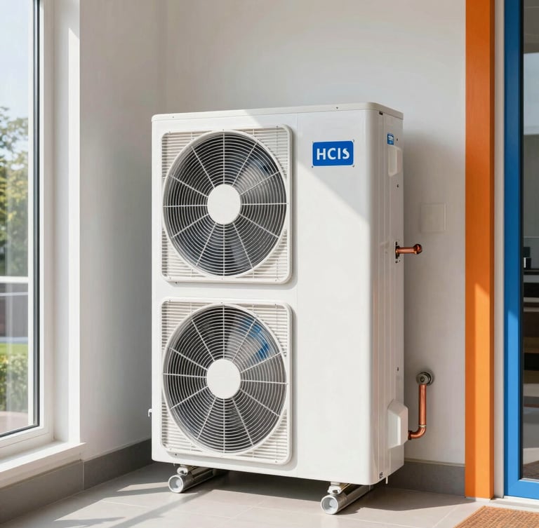 Bright clean utility room in a Dutch home, highlighting a neatly installed modern hybrid heat pump with clean copper piping, natural daylight.