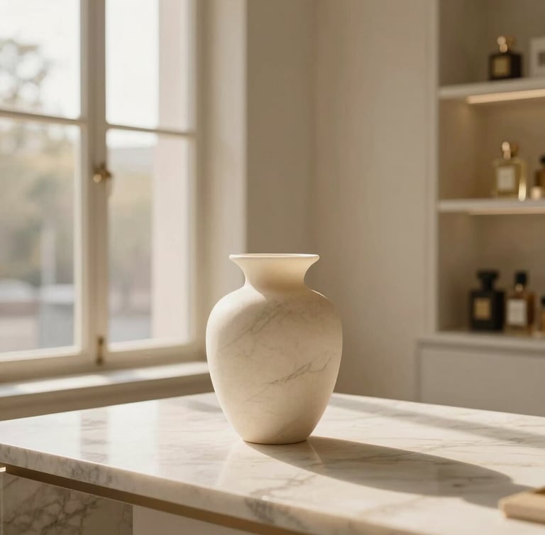 Elegant interior of a luxury perfume atelier, soft natural sunlight entering through large windows, a single monolithic vessel on a minimalist table, architectural composition, editorial luxury photography, warm ivory and marble tones, 35mm, bleeding to the left edge of the frame.