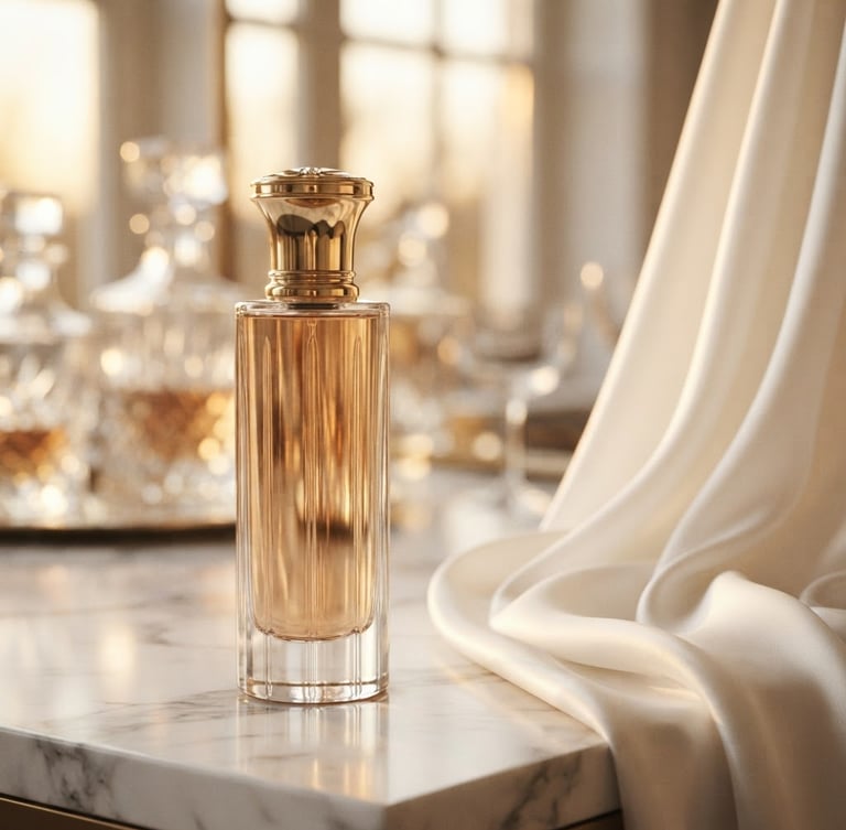 A luxurious, tall, slender AUREQS perfume bottle on polished white marble, soft golden hour light, blurred crystal reflections in the background, elegant white silk flowing, editorial luxury photography, shallow depth of field, 35mm, bleeding to the right edge of the frame.