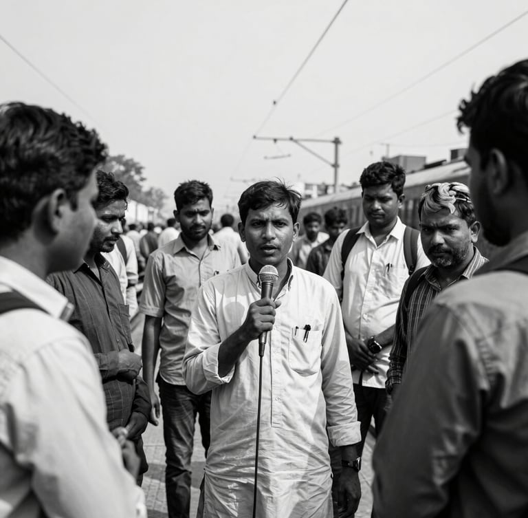 A raw, high-contrast black-and-white documentary photograph of a local Indian reporter holding a microphone, interviewing commuters on a busy railway platform in West Bengal under natural daylight.