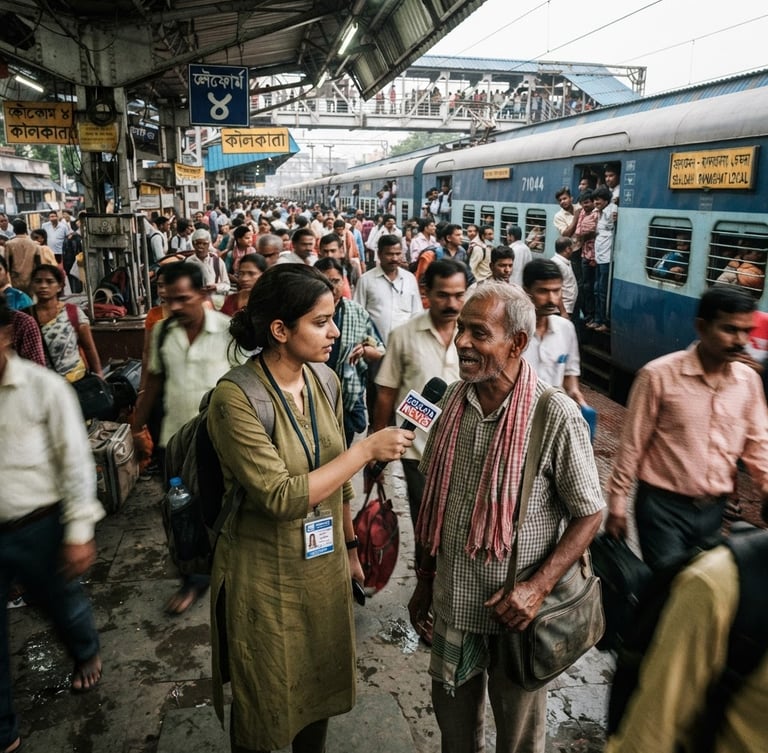 A gritty photojournalism shot of a local reporter with a microphone interviewing commuters on a busy train platform in West Bengal, natural morning light, wide-angle lens.