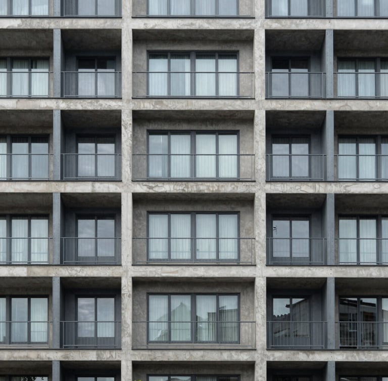 Straight-on structural detail of a modern steel and concrete apartment building facade, neutral daylight, architectural precision.