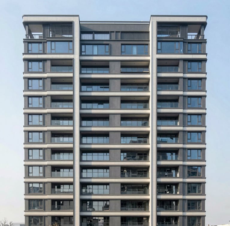 Wide architectural elevation of a modern multi-family residential building, clean straight-on structural lines, crisp morning daylight, no people.