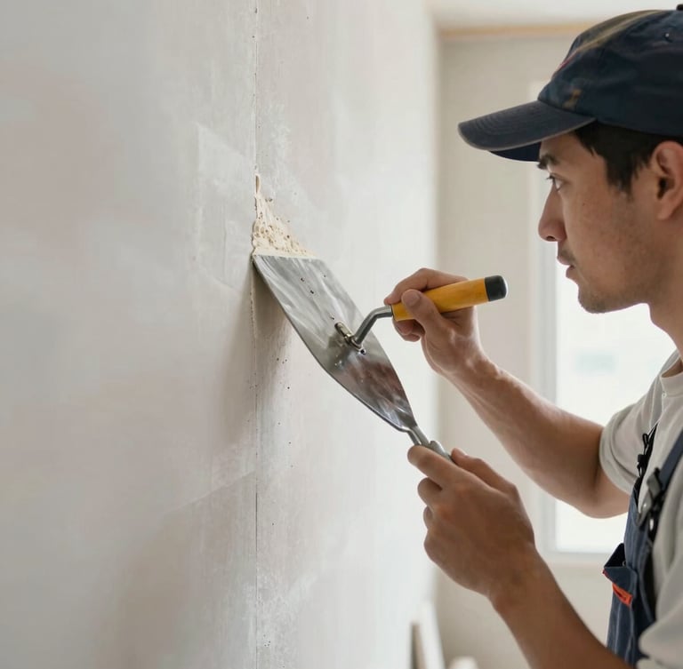 Close-up of a professional drywall contractor in clean uniform using a steel trowel to apply smooth joint compound to a wall joint, bright natural indoor lighting