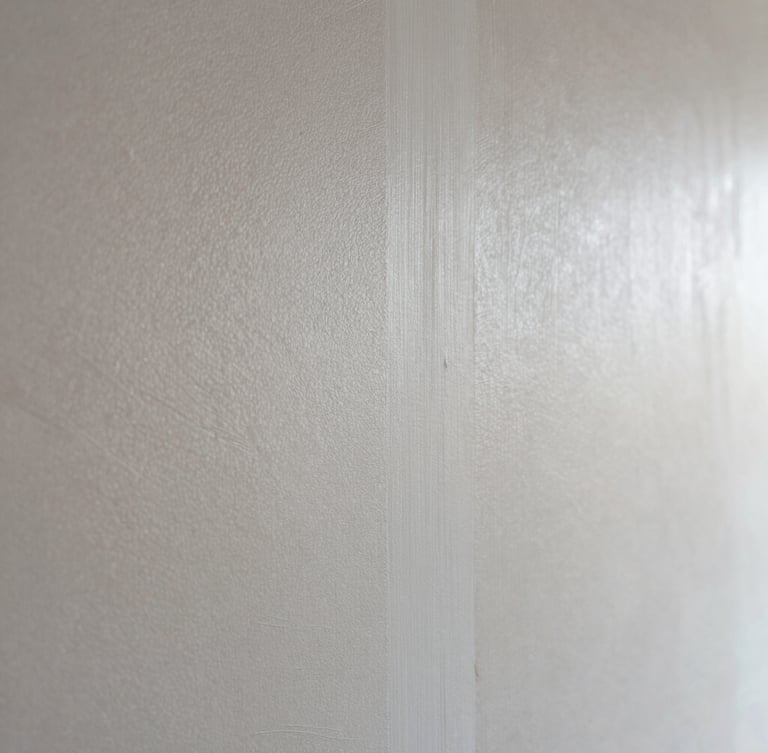 Macro shot of finished drywall showing a seamless blend between knockdown texture on the left and new matching application on the right