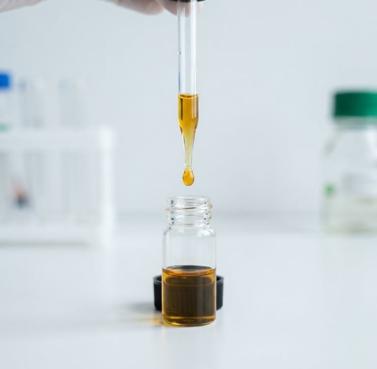 Macro photograph of a clear glass pipette with golden CBD oil dripping into a sterile laboratory vial, bright cool daylight, clinical white background, 50mm