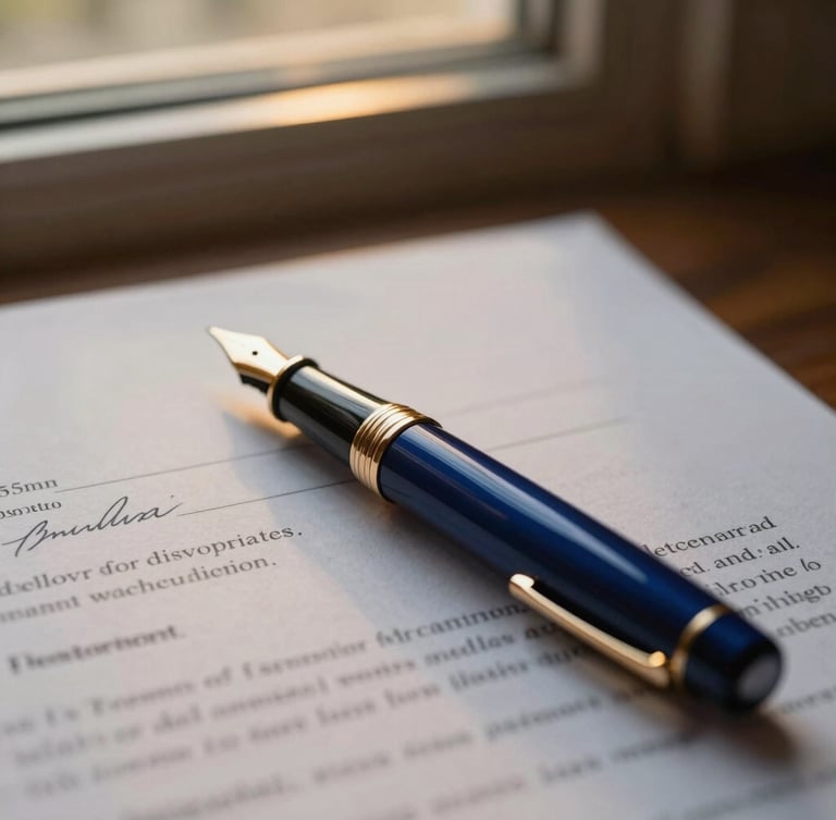 Close-up of a premium fountain pen resting on a signed legal contract, warm low-key editorial lighting, golden-hour window reflections, rich deep blue and gold tones, shallow depth of field, 35mm