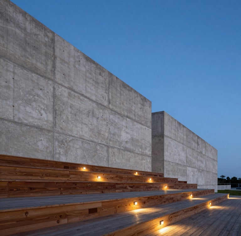 Low-angle architectural photograph of a massive poured concrete retaining wall and multi-level cedar terrace at twilight, warm integrated step lighting, sharp structural lines against a deep blue sky.
