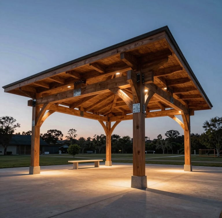 Low-angle architectural shot of a heavy timber pavilion with custom steel joinery at twilight, warm integrated lighting illuminating the concrete patio