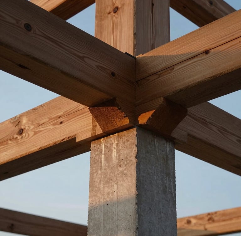 Extreme close-up of heavy timber joinery meeting a poured-in-place concrete column, architectural detail, warm twilight lighting, sharp focus on structural connection.