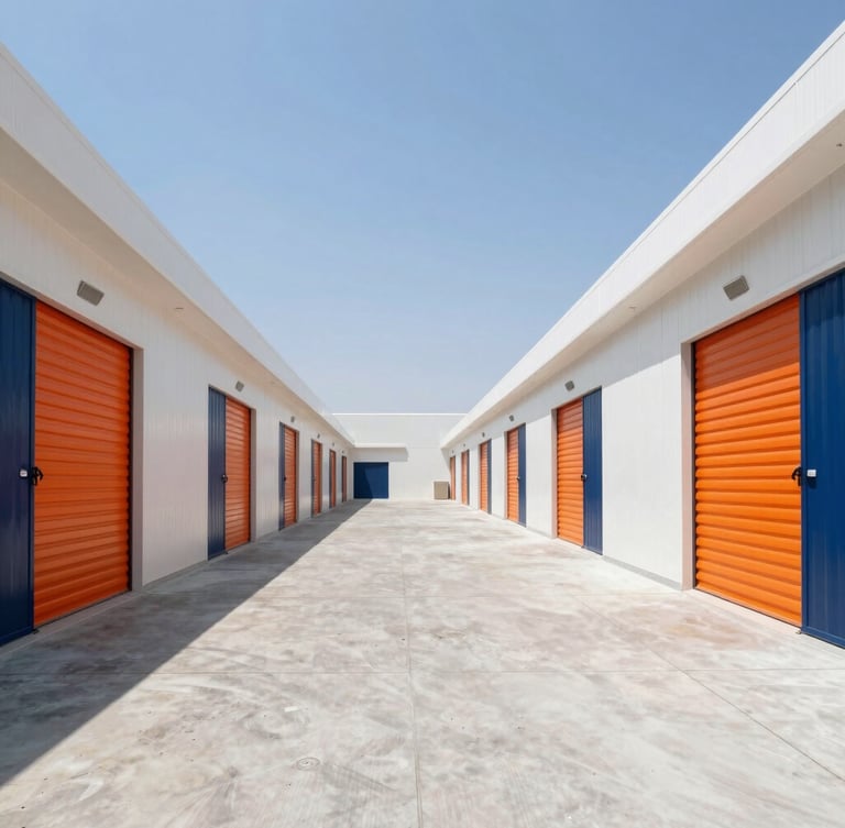 Straight-on architectural wide shot of a pristine, modern storage facility exterior in Dubai Investment Park 1, bright overhead daylight, clean concrete driveway, deep navy and safety-orange accents.