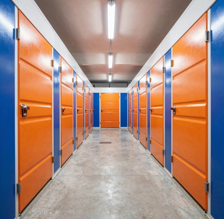 Brightly lit storage corridor with spotless concrete floors, rows of clean orange and navy storage unit doors under bright overhead LED lighting, sharp perspective lines.