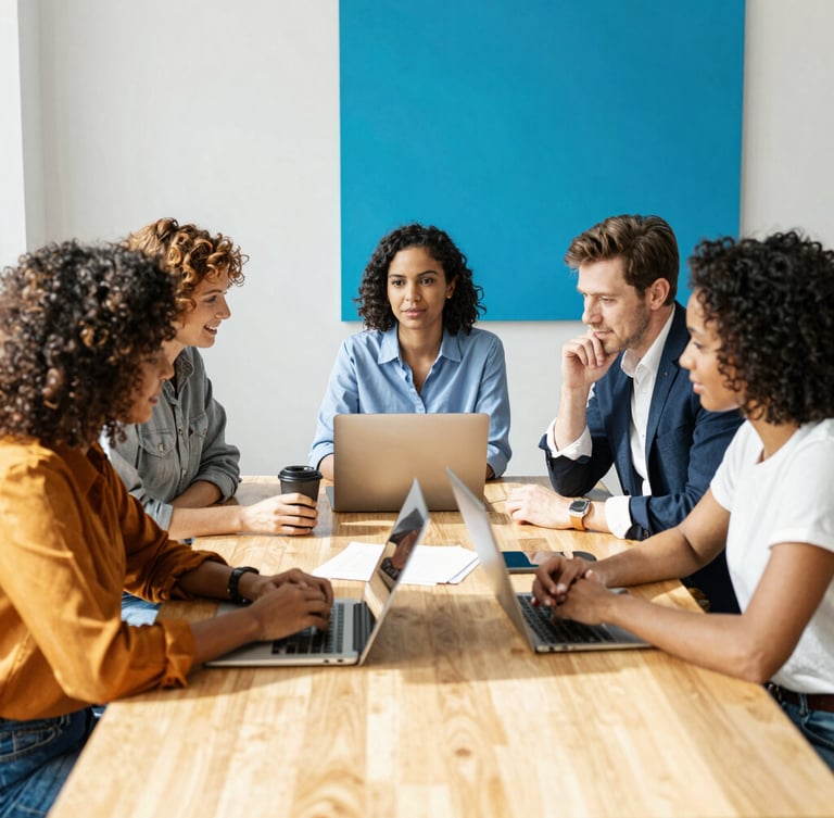 Bright editorial photography of diverse professionals collaborating around a light oak table in a sunlit modern workspace, warm amber and vibrant blue accents, 35mm