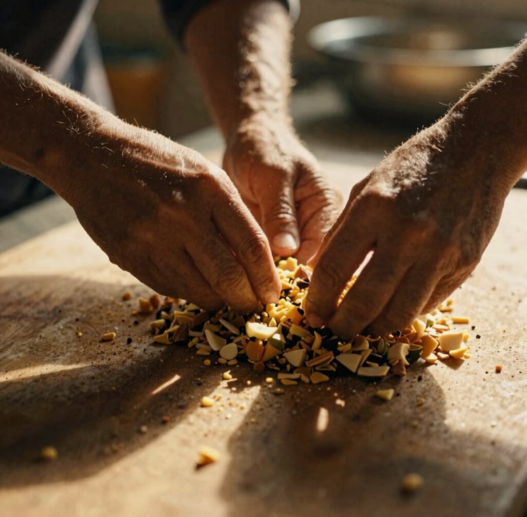 Close-up of hands preparing a traditional local dish in a sun-dappled kitchen, warm golden hour light, soft shadows, 35mm film texture, focused on the textures of ingredients.