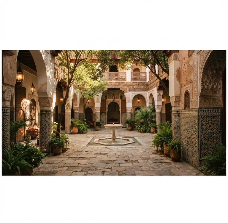 Wide panoramic view of a sun-dappled historic courtyard in the MENA region, with intricate architectural details, warm golden hour light, and soft shadows, empty of people, shot on 35mm film, evoking quiet contemplation.