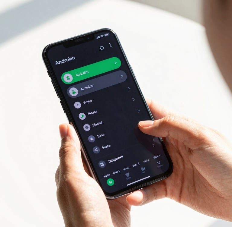 Bright high-key product photography of a sleek Android smartphone screen showing a dark-mode task manager app with vibrant green accents, held by hands, bright daylight, 35mm