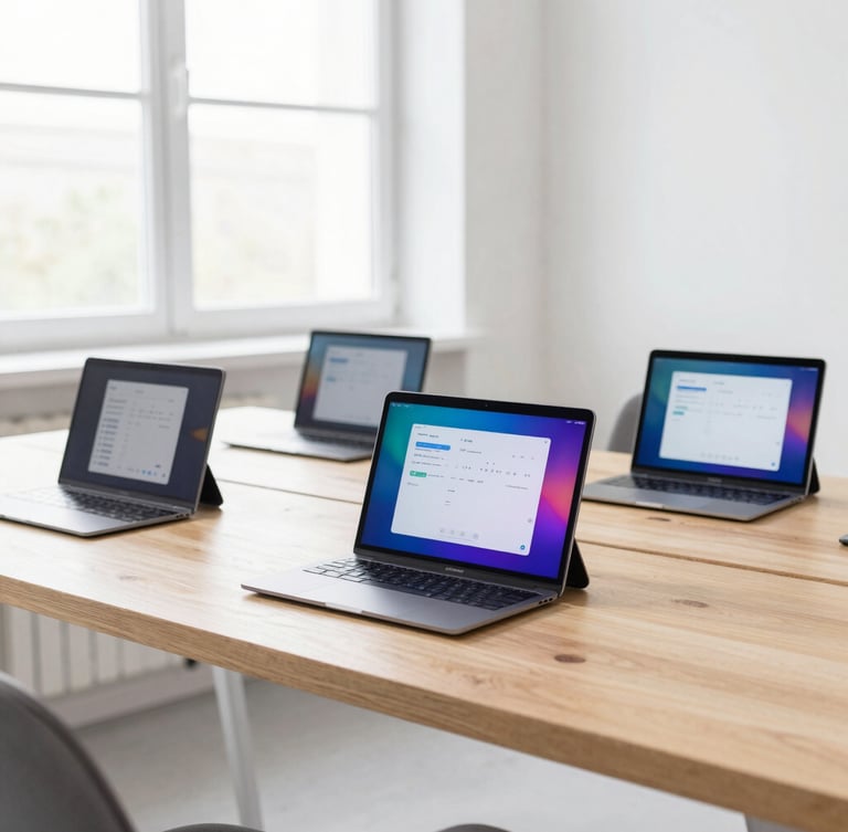 Bright high-key product photography of a modern tech workspace in Kyiv, a clean wooden desk with multiple Android testing devices displaying colorful user interfaces, soft natural window light, 35mm.