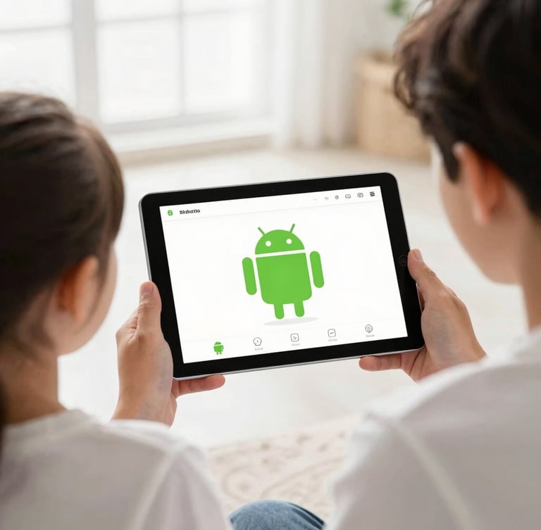 Over-the-shoulder view of a family using a tablet together in a sunlit room, displaying a clean Android application interface with high-contrast green accents, bright daylight, shallow depth of field, 35mm.