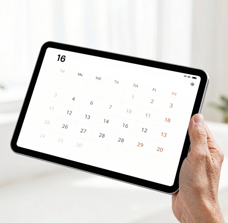 Bright high-key product photography of a modern Android tablet displaying a clean, high-contrast calendar interface, held by a senior hand, soft daylight