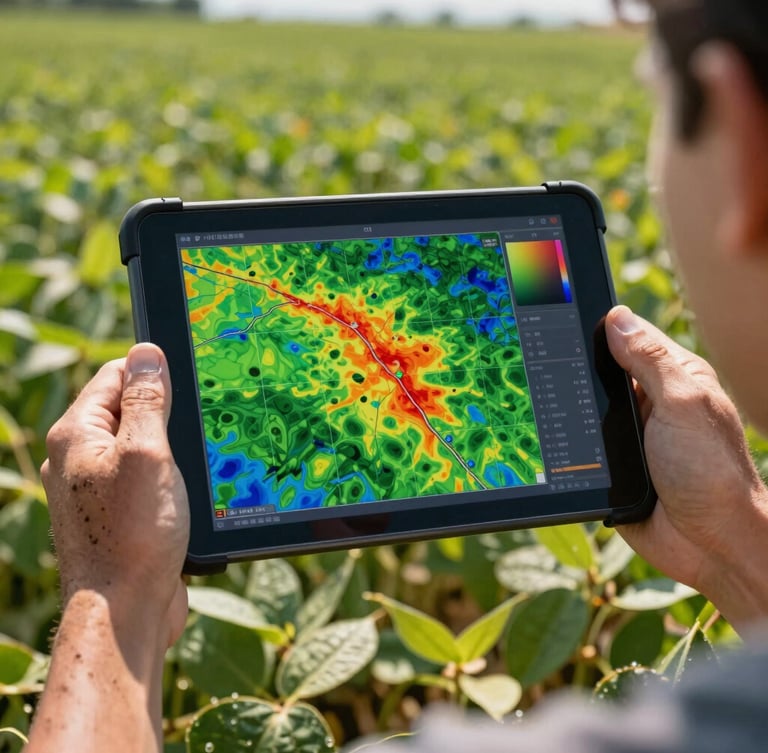 Over-the-shoulder shot of a rugged tablet screen showing a colorful NDVI crop health map, held by hands with dirt on them in a vibrant green soybean field, harsh midday sun.