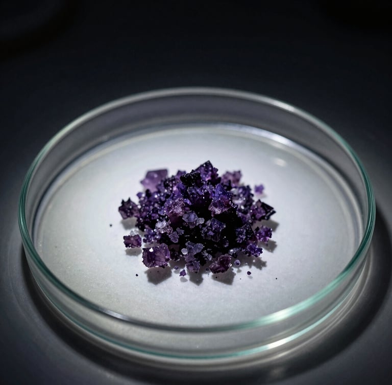 Extreme macro photography of crystalline iodine sublimate forming dark violet crystals on a sterile glass plate, intense laboratory lighting, dramatic shadows, 35mm film grain