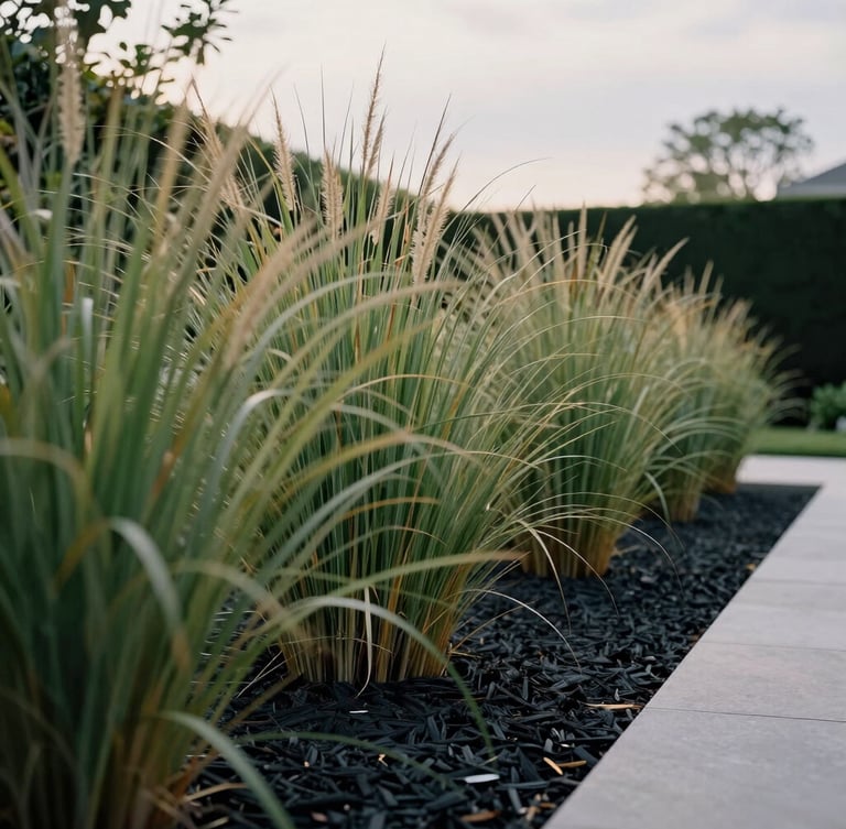 A low-angle shot of manicured estate landscaping. Architectural softscape layout showing rich contrasts between tall ornamental grasses and dark, spade-cut mulch lines under overcast morning light.
