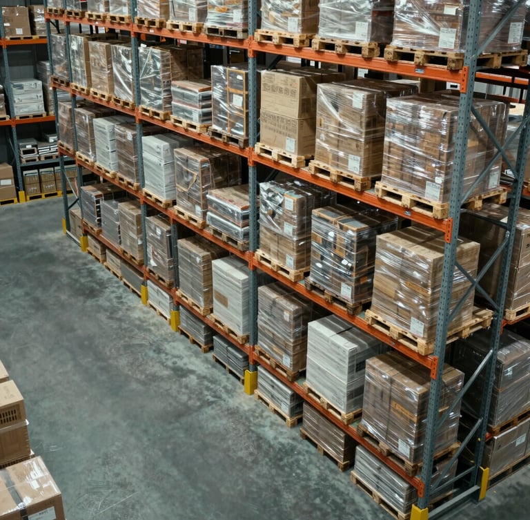 High-angle wide shot of clean, structured warehouse racking with organized pallets under cool commercial daylight.