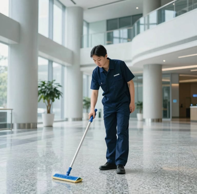 Wide environmental shot of a professional cleaning supervisor in a neat dark blue uniform inspecting a polished granite floor in a bright, modern corporate atrium, soft natural daylight, architectural depth.