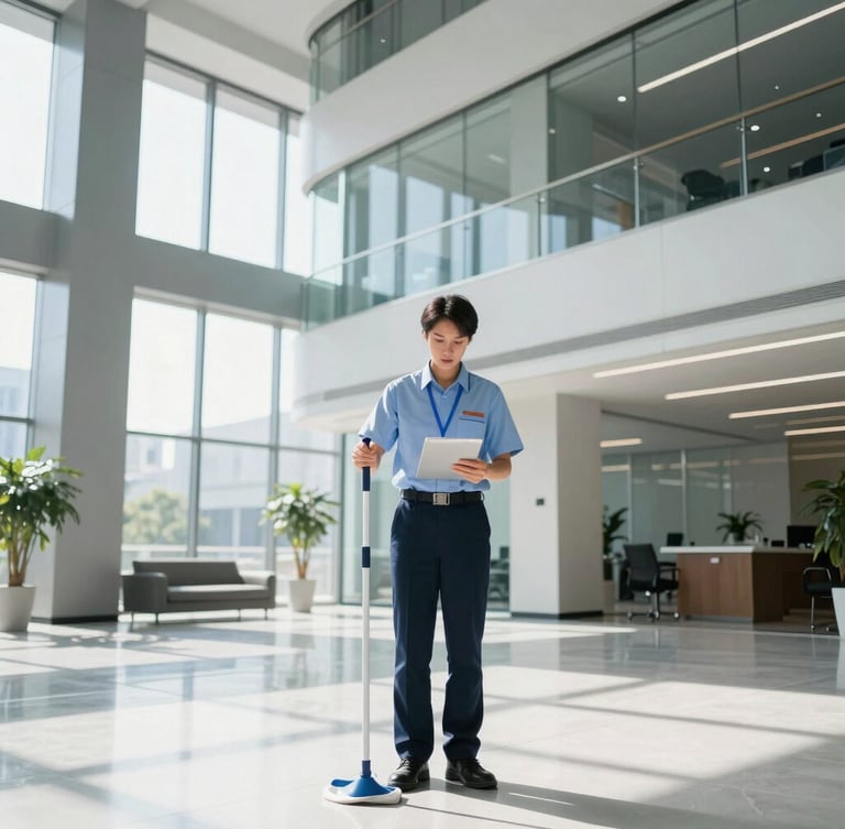 Wide environmental shot of a professional cleaning supervisor in a clean, modern uniform inspecting a high-end corporate office lobby, bright natural daylight, sharp focus, architectural depth