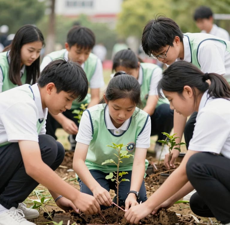 High school students collaborating on a community service project outdoors, planting trees, natural daylight, candid action, 35mm lens