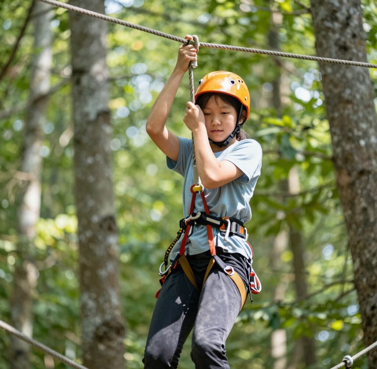 A student confidently navigating a rope course in a sunlit forest, focused expression, natural daylight, portrait aspect, blurred background, 35mm lens
