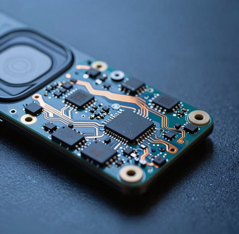 Extreme macro photography of a mobile phone motherboard, copper traces and microchips, cool blue studio lighting, dark metallic background, 100mm lens details